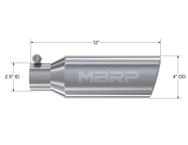 MBRP Universal Tip 4in OD 2.5in Inlet 12in Length Angled Cut Rolled End Clampless No-Weld T304 thumbnail 4