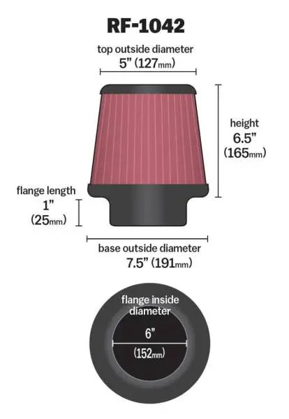 K&N Round Tapered Universal Air Filter 6in Flange ID x 7.5in Base OD x 5in Top OD x 6.5in Height thumbnail 4
