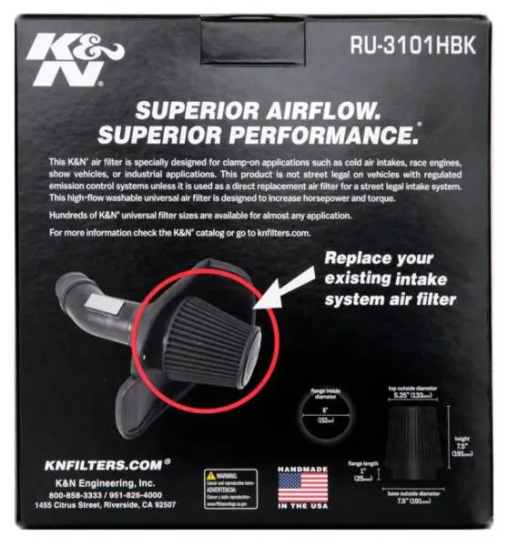 K&N Universal Rubber Filter Round Tapered 6in Flange ID x 7.5in Base OD x 5.25in Top OD x 8in Height thumbnail 6