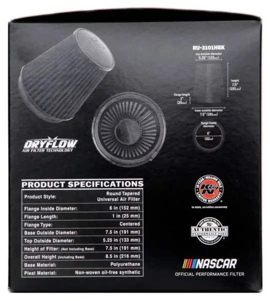 K&N Universal Rubber Filter Round Tapered 6in Flange ID x 7.5in Base OD x 5.25in Top OD x 8in Height thumbnail 9