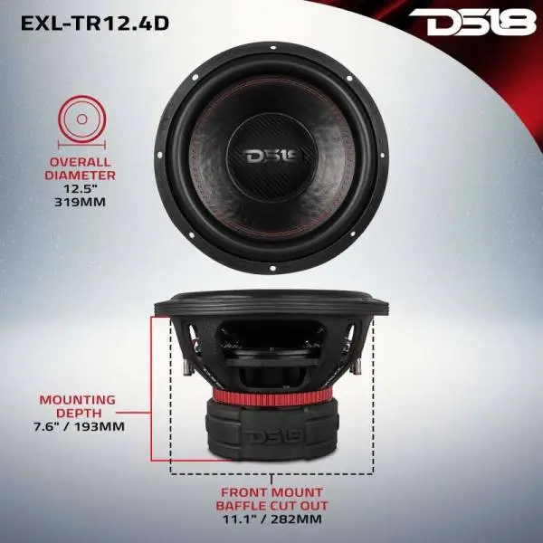 DS18 12in 1500 Watts RMS 4+4 ohm DVC Quad Stacked Magnet Reinforced Cone Subwoofers thumbnail 3